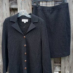 St. John skirt Suit 8 Long jacket pointelle black knit